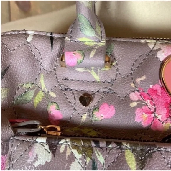 Betsey Johnson gray and pink floral print quilted satchel with crossbody strap - Picture 9 of 9